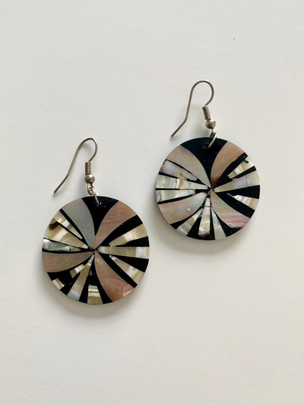 Abalone Shell Inlaid Drop Earrings Black with Iridescent Pink White Stripes